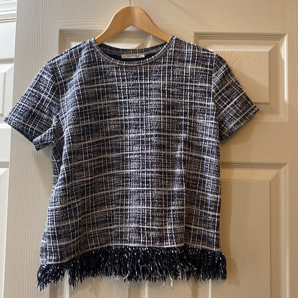 Adorable Zara Black and White Tweed with Fringe Tee.